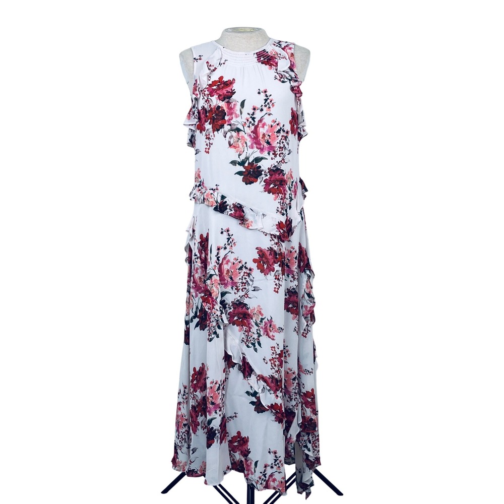 Sundance Womens Floral Ruffle Sleeveless Maxi Dress White Red Pink Size S